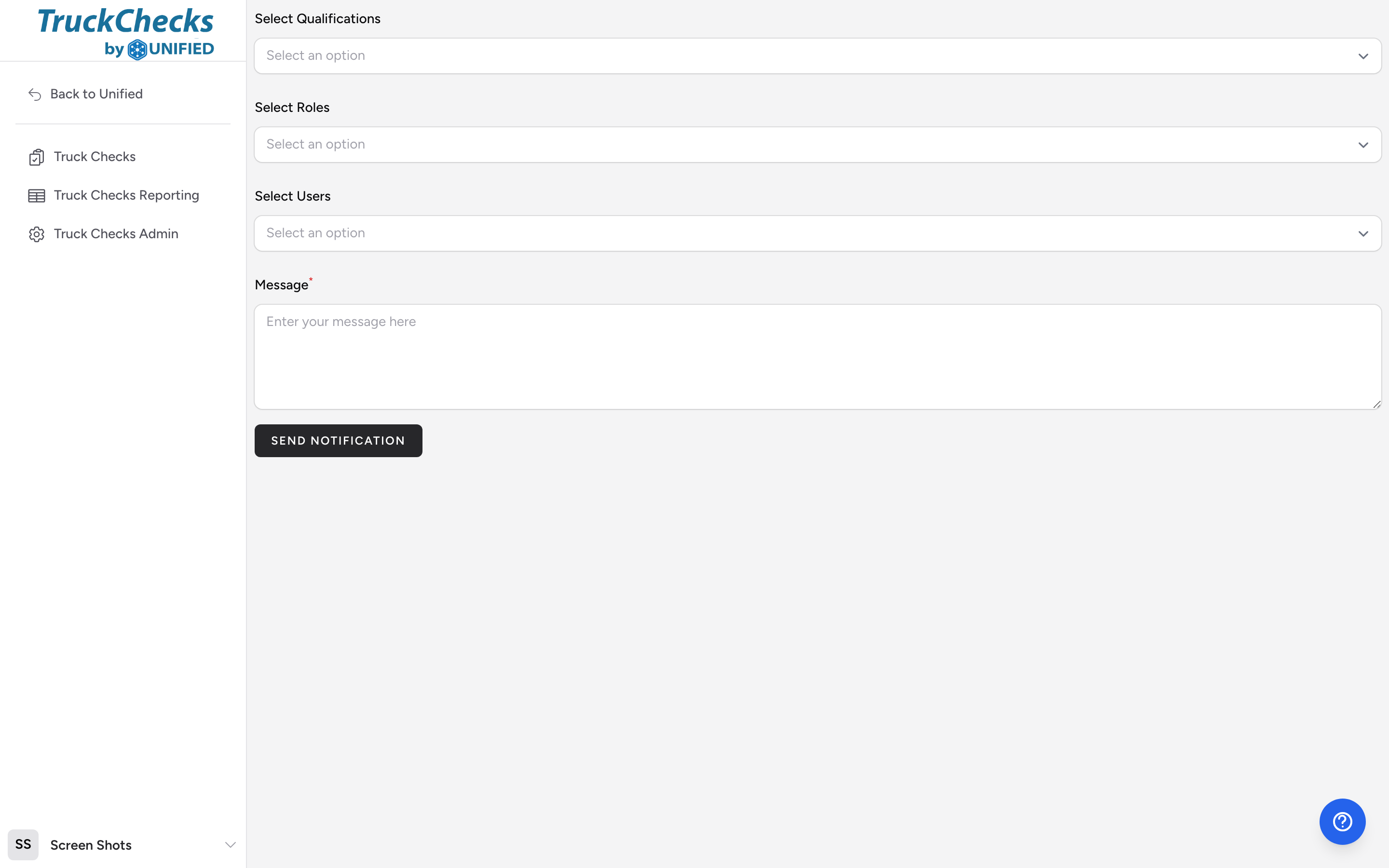 The SMS notifications page with Select Qualifications, Select Roles, Select Users, Message, and Send Notification controls.