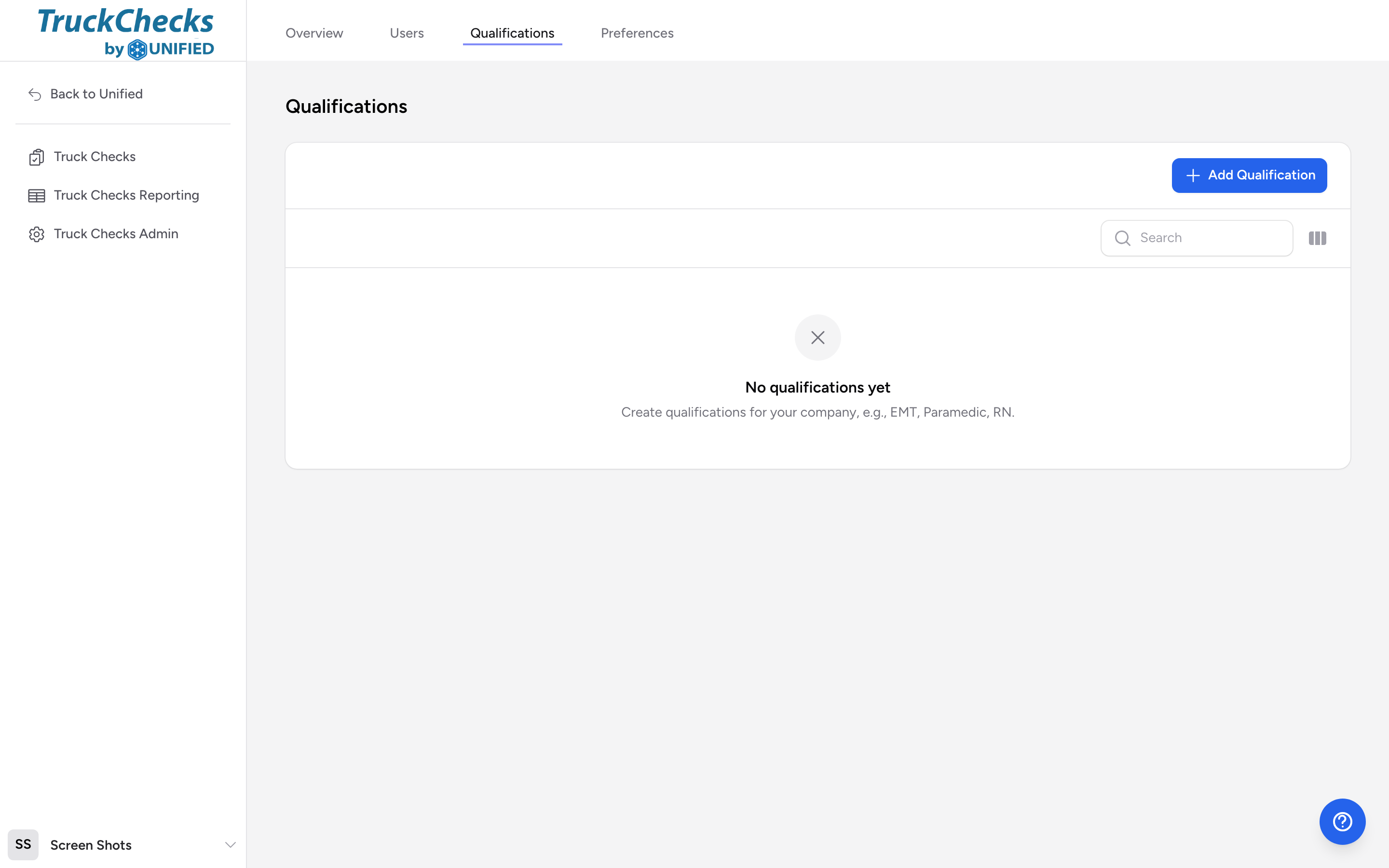 The Qualifications page with a table of qualifications and an Add Qualification button.