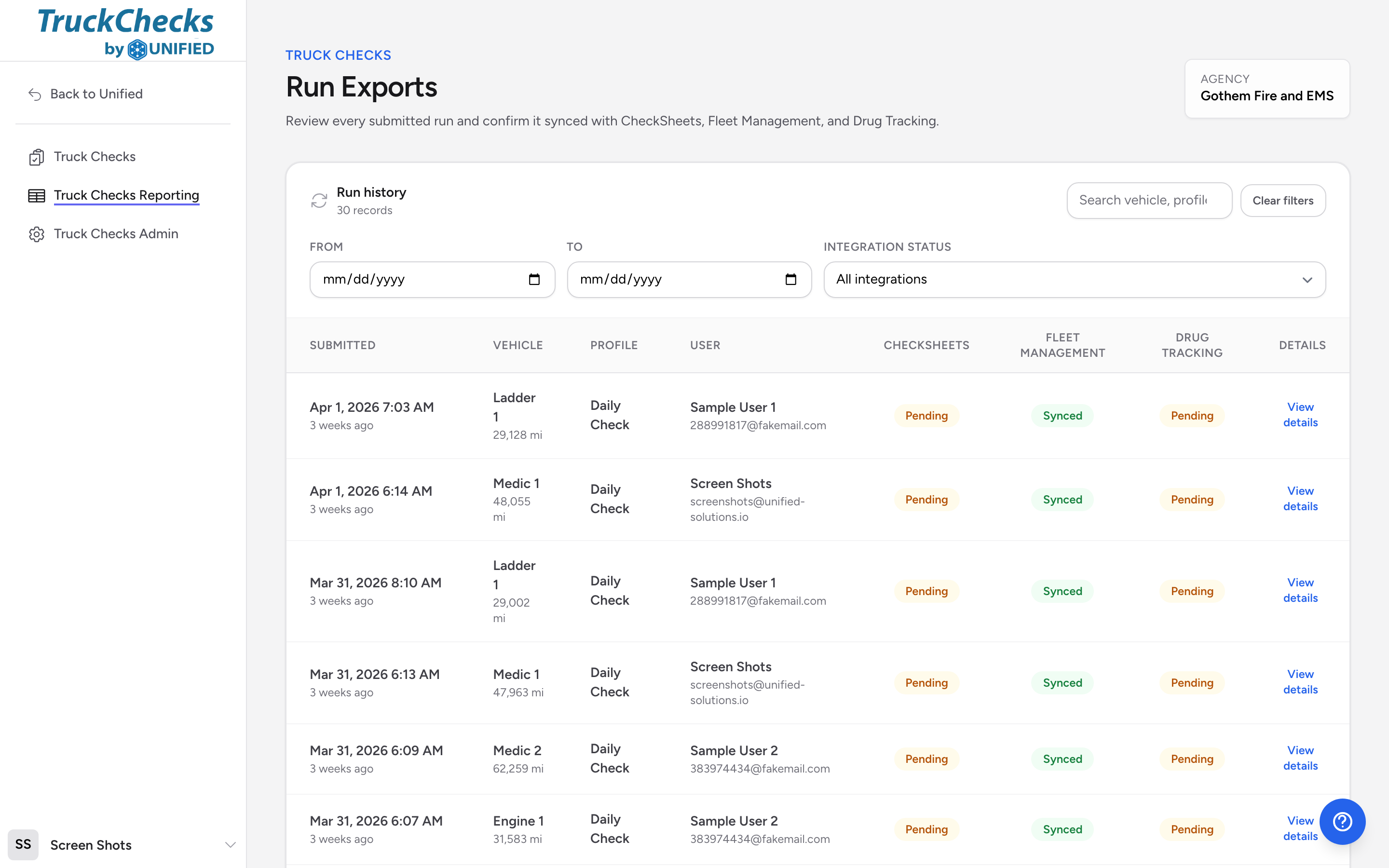 The Run Exports page with the Run history table, search box, date filters, and integration status columns.