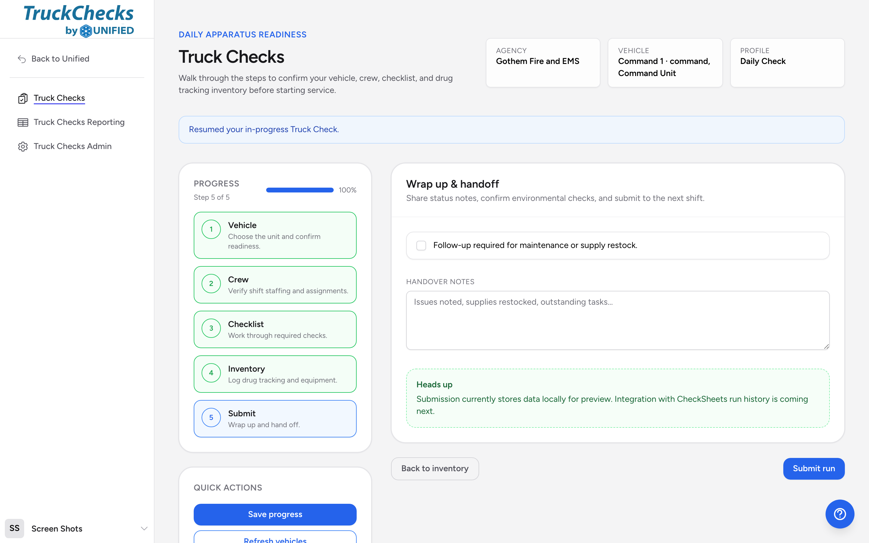 The final wrap-up and handoff step of a truck check, with the follow-up checkbox, handover notes field, and Submit run button.