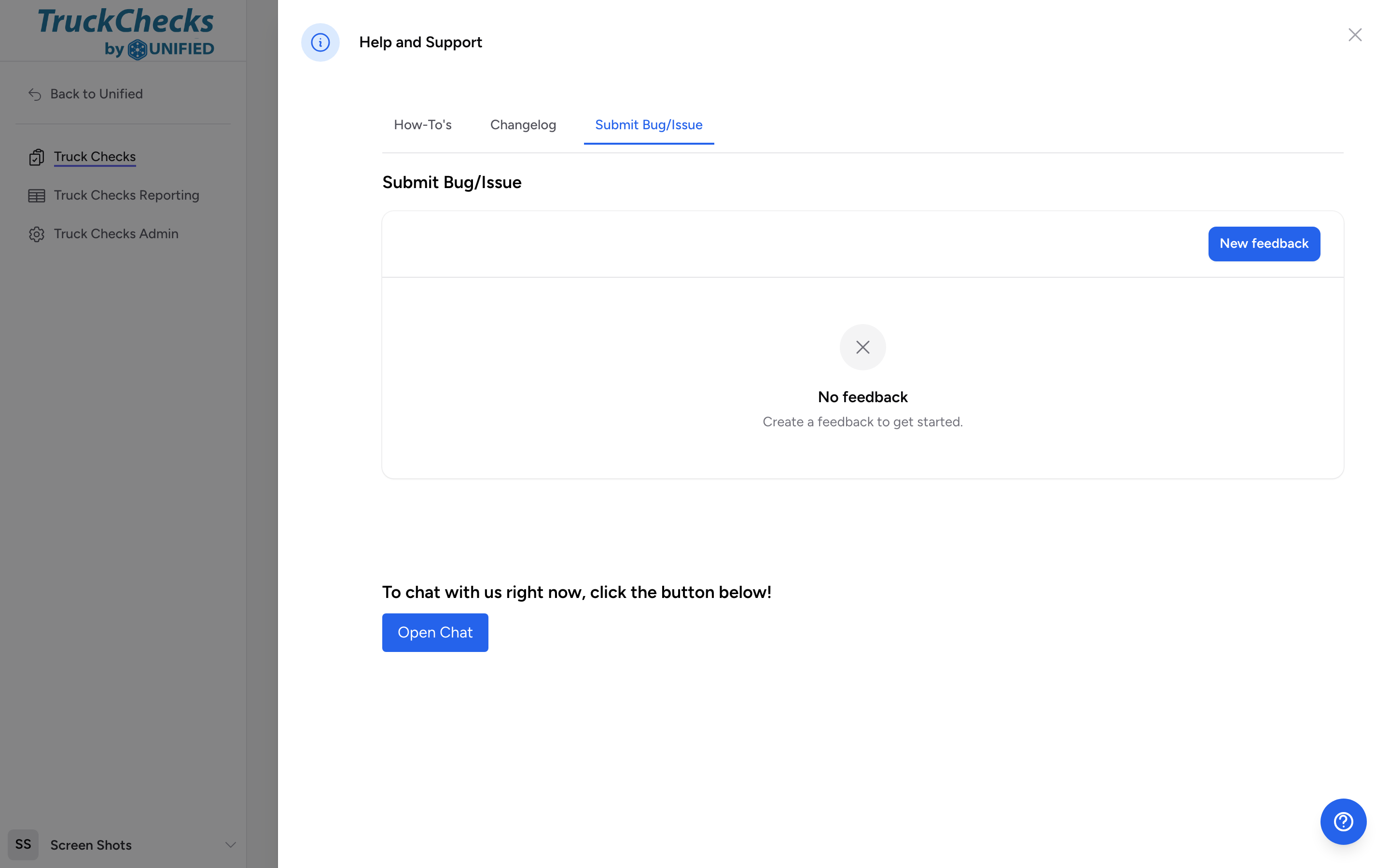 The Help and Support panel with the Submit Bug/Issue tab selected, showing the feedback form.