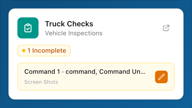 The Truck Checks tile on the Unified Solutions dashboard, showing a summary of in-progress checks and a quick link into the app.