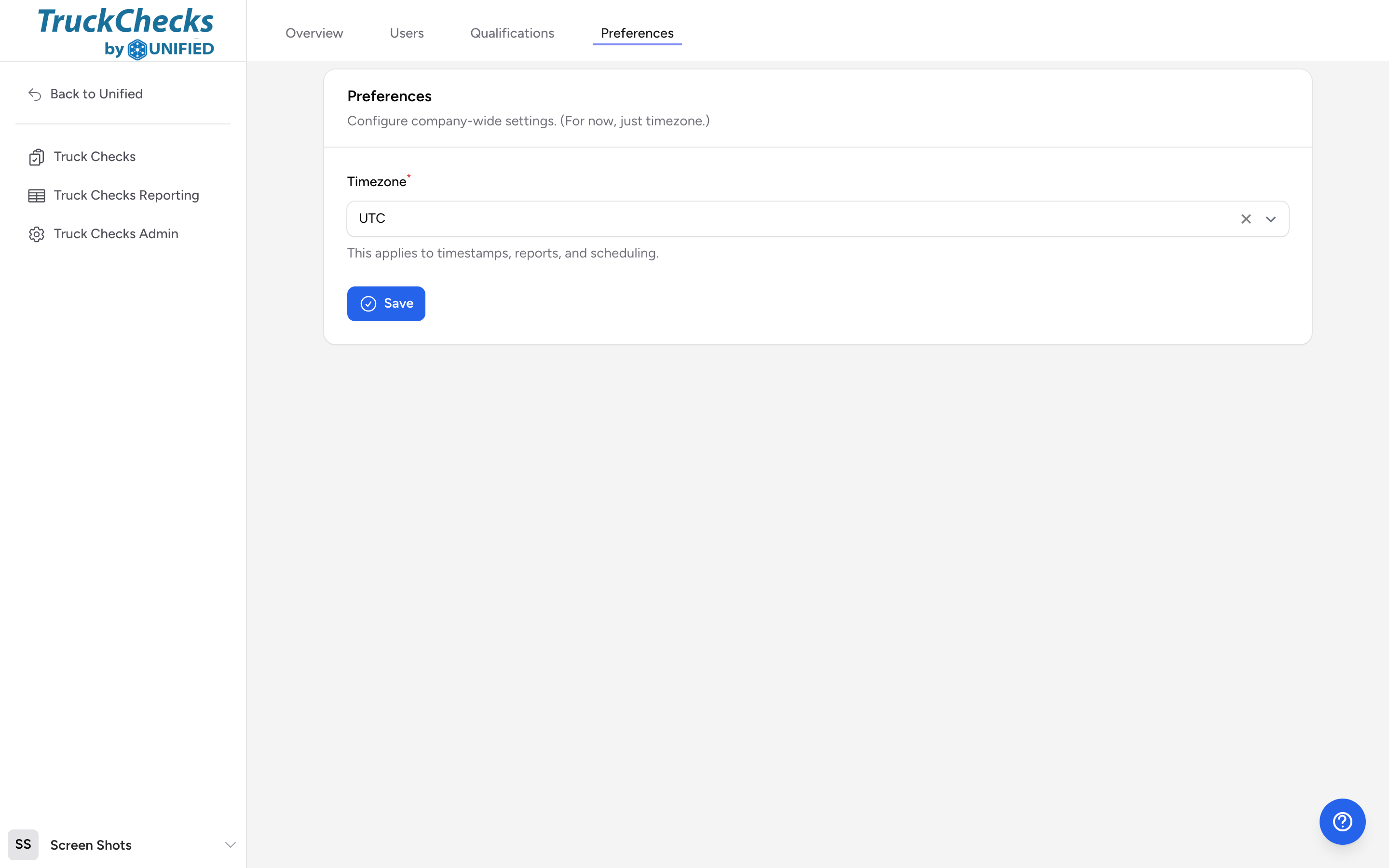 The Preferences page with a Timezone dropdown and a Save button.