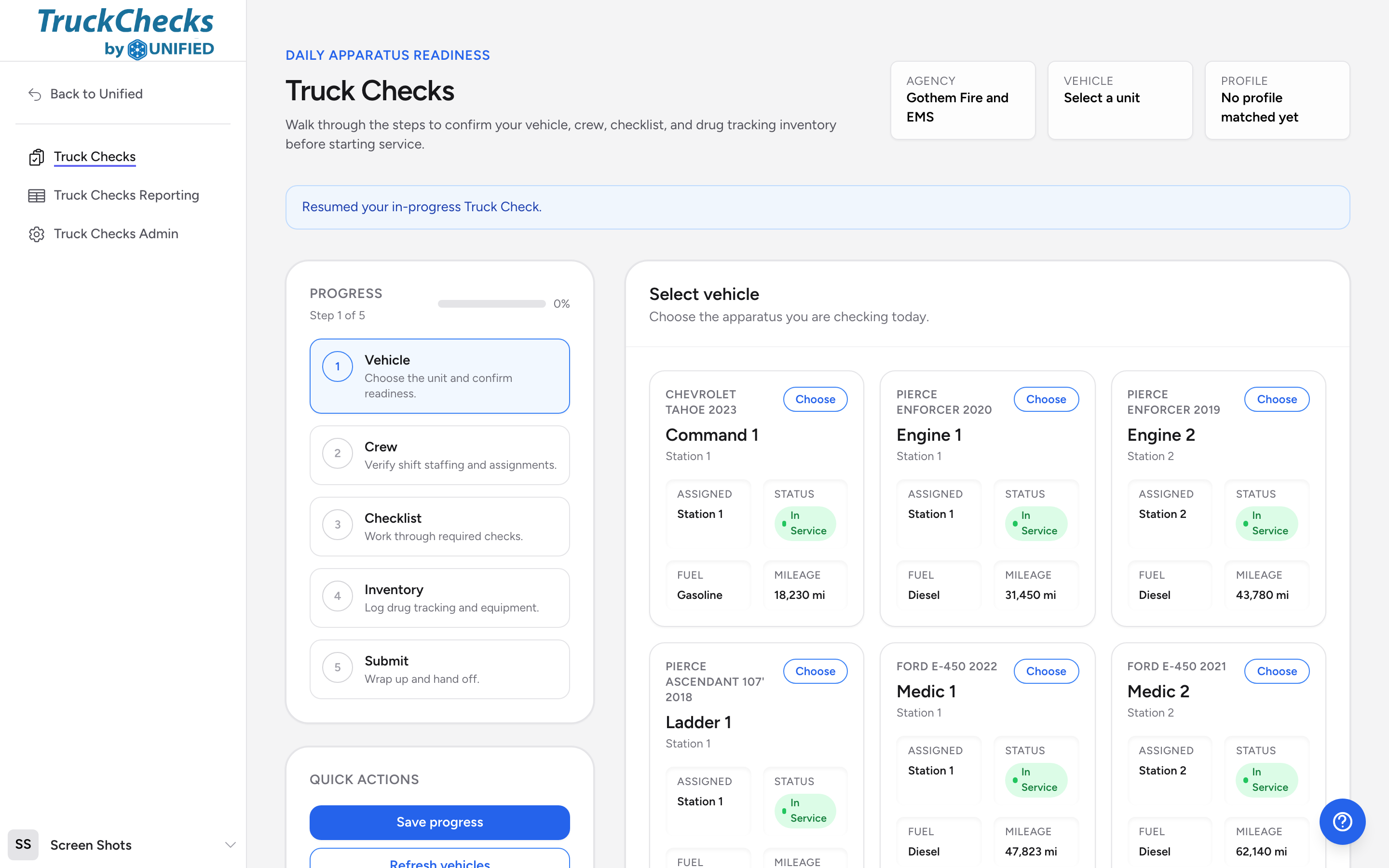The vehicle selection step of a truck check, with apparatus cards and the Quick actions panel on the left.